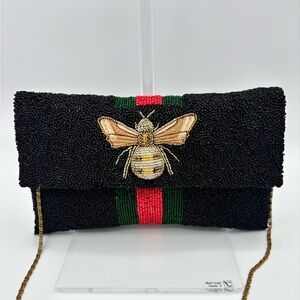 Moyna Beaded Crossbody/Clutch with 3D Gold Bee -  Black, Green and Red